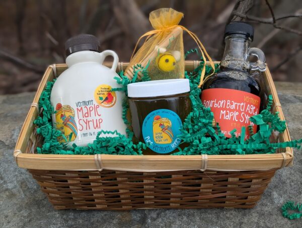 Gift basket of honey and syrup from Sherman Hollow Organic Farm